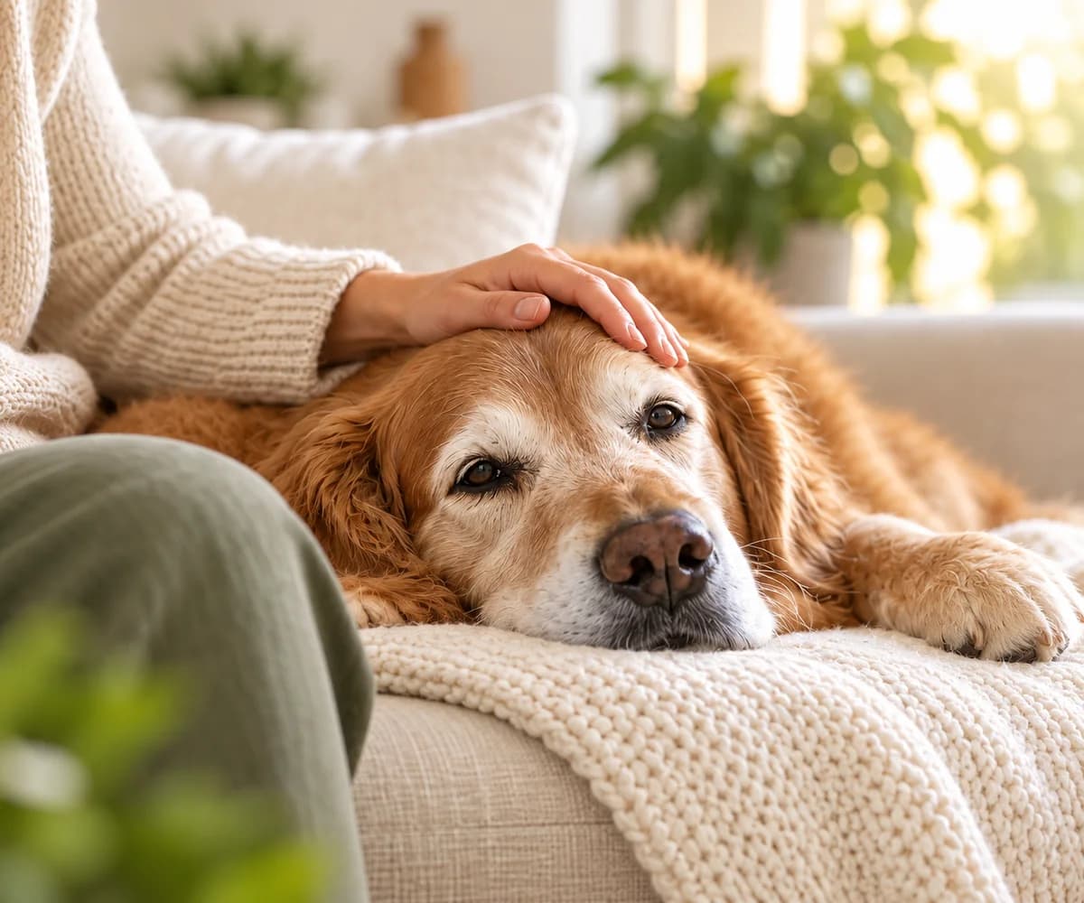 A senior dog resting on a sofa, gently stroked at home